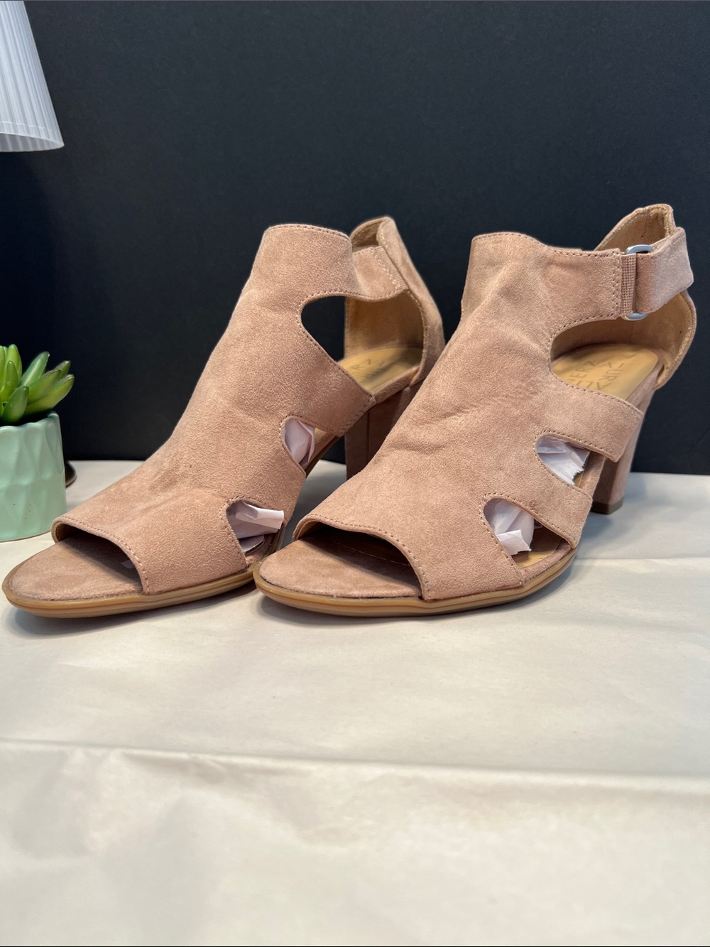 Naturalizer Suede Cutout Peep-Toe Heels in Taupe